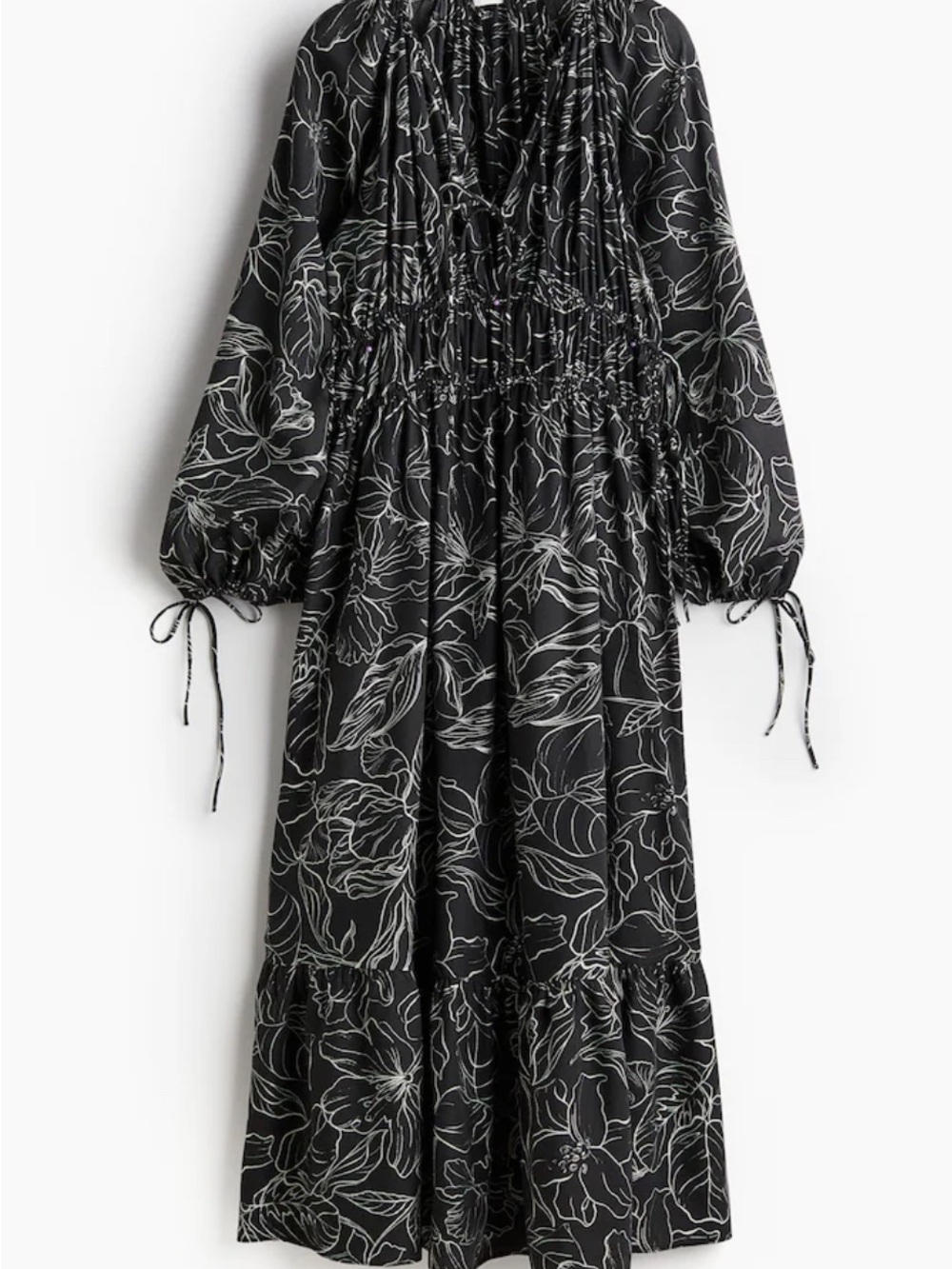 H and M Black Floral Print Long Sleeve Midi Dress